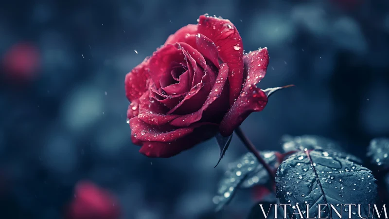 Crimson Rose with Dew Drops in Dark Atmospheric Composition.