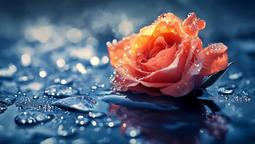 Macro study of dewy orange rose on reflective wet surface