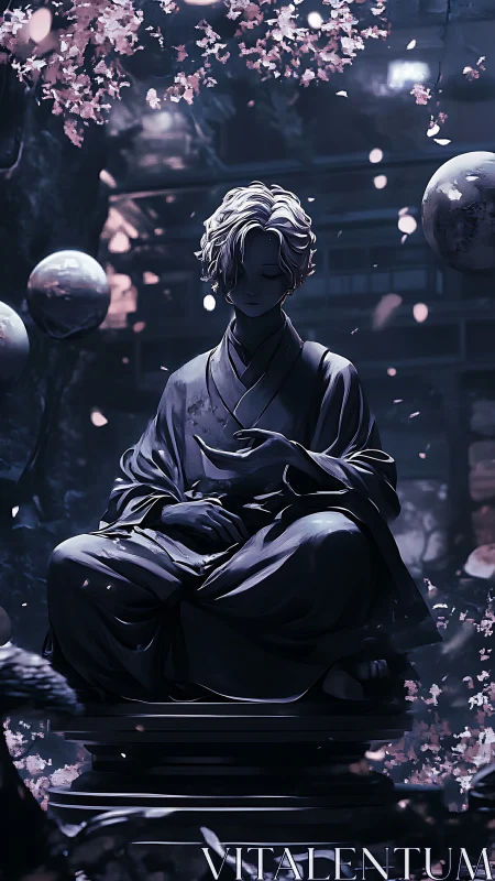 Seated robed figure statue beneath blossoms and spheres.