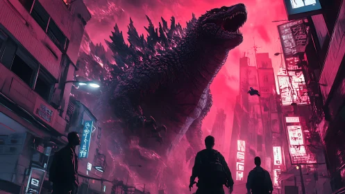 Colossal kaiju towers over neon city under crimson sky.