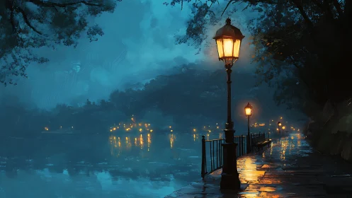Cozy lamplit riverside walk glowing in the dreamy blue night.