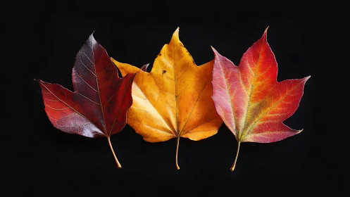 Triadic autumn maple leaves on black minimalist backdrop.
