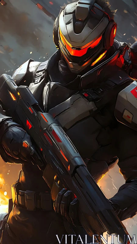 Armored cybernetic operative holds rifle amid explosive embers