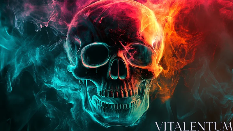 Bicolor neon skull rendered in swirling volumetric smoke field