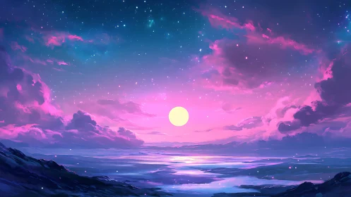 Digital horizon depicts luminous moon over reflective water