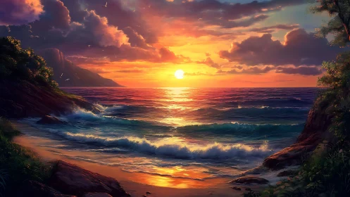 Sunset illuminates waves along rocky tropical shoreline