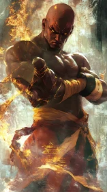 Flaming martial monk channels focused power in dynamic stance