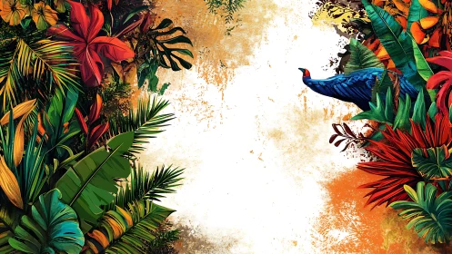 Colorful jungle border with lush leaves and curious bird.
