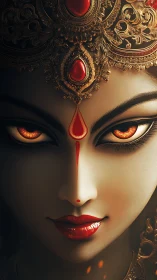 Divine goddess portrait with burning eyes and gold crown.