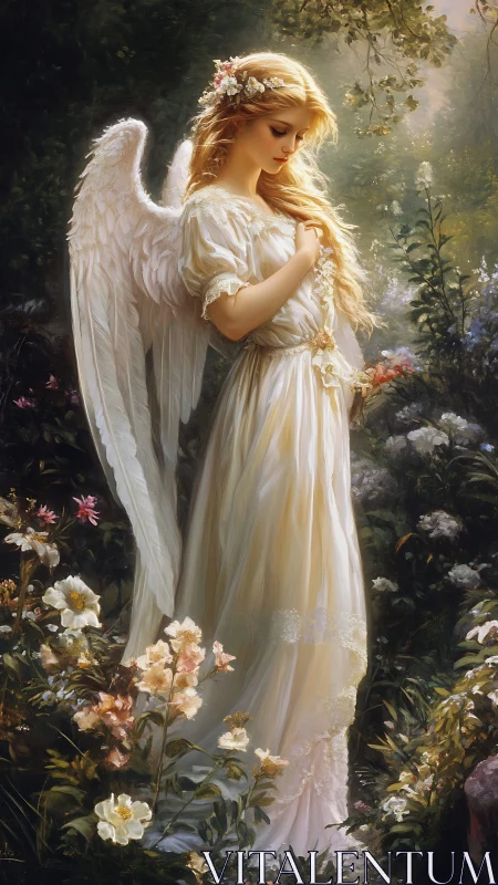 Serene angel in sunlit garden with flowing ivory gown.