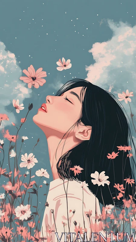 Girl enjoying soft spring blooms under a dreamy sky.