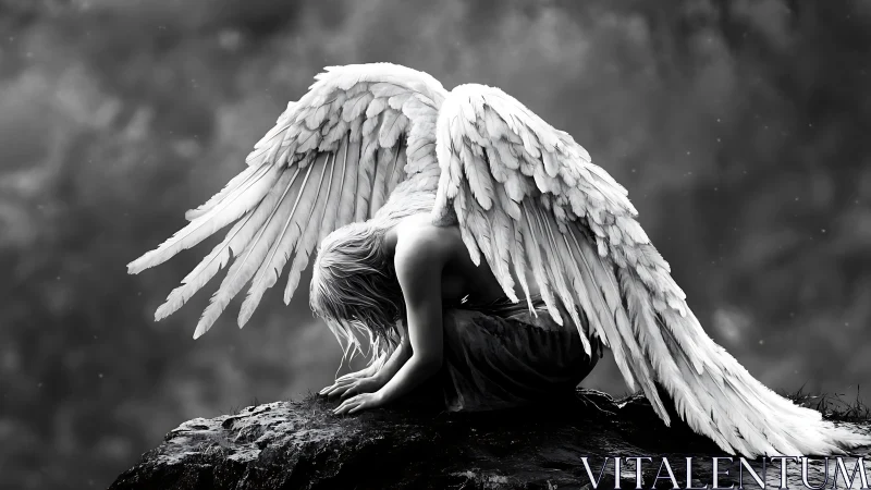 Fallen angel kneels in sorrow beneath storm-darkened skies