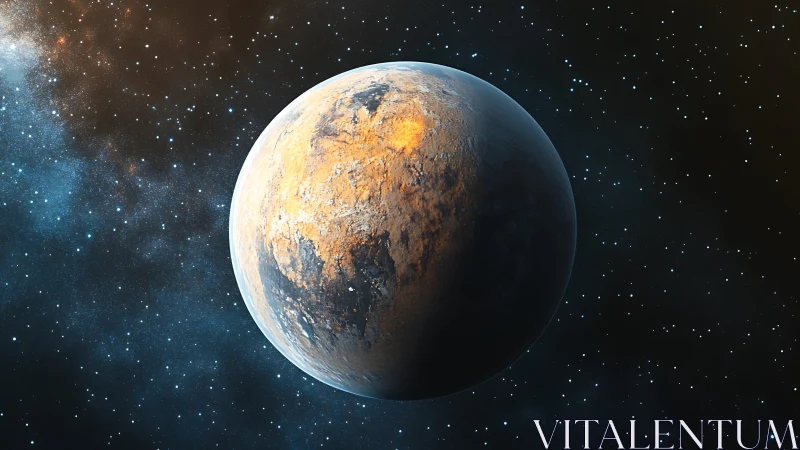 Rocky exoplanet in star field with warm illuminated surface.