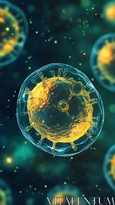 Microscopic viral particle in translucent cellular environment.