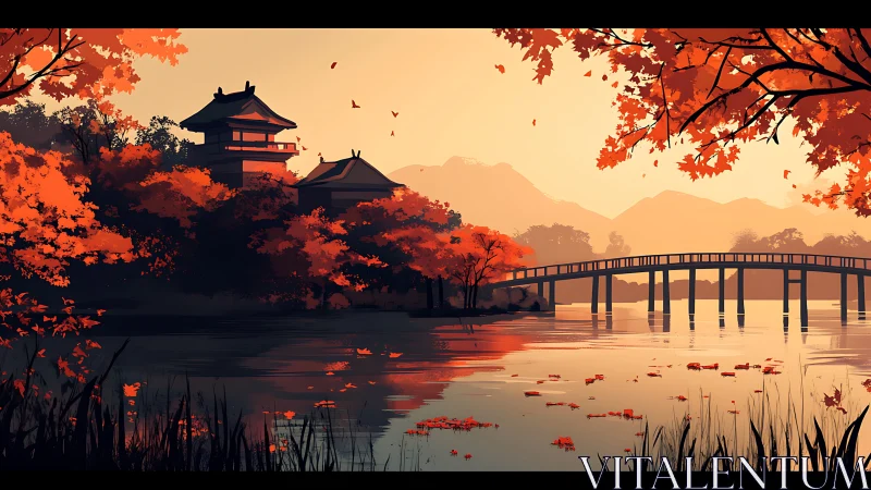 Autumn lakeside temple and bridge rendered in atmospheric digital style