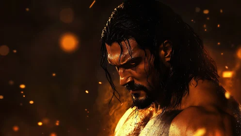 Brooding warrior lowers his gaze amid glowing embers