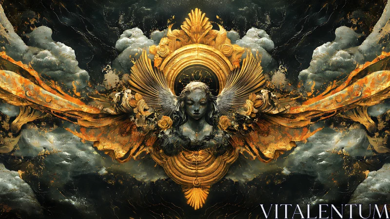 Gilded storm angel carves a radiant path through dusk skies