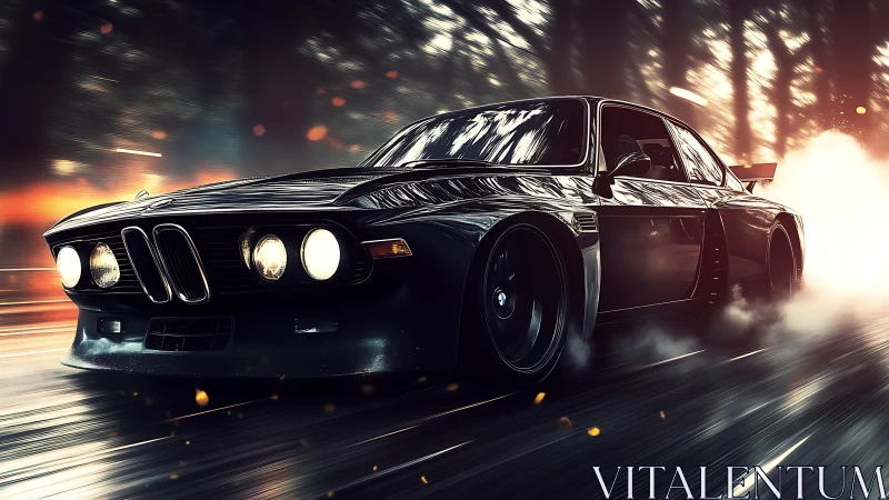 Retro widebody BMW coupe drifting through cinematic forest night