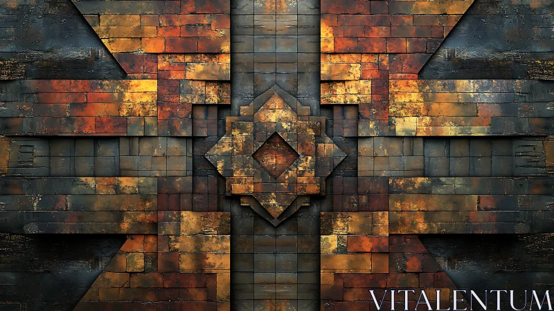 Rust textured geometric wall builds layered metallic symmetry