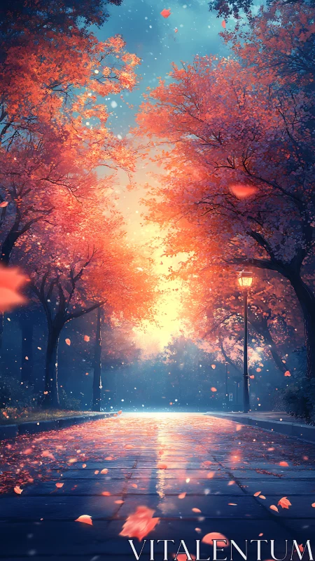 Autumn city path under glowing trees at evening light.