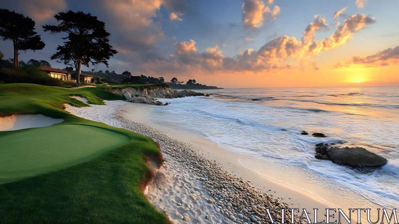 Sunlit coastal golf green beside serene evening surf.