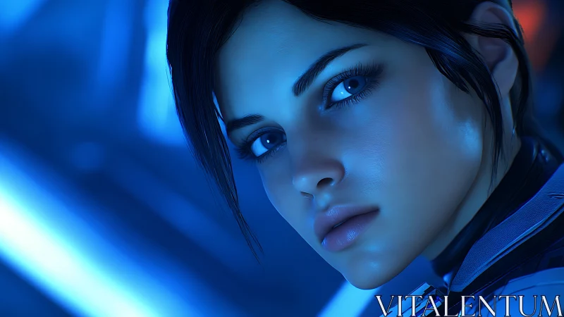 Female character closeup rendered in cool blue sci fi lighting