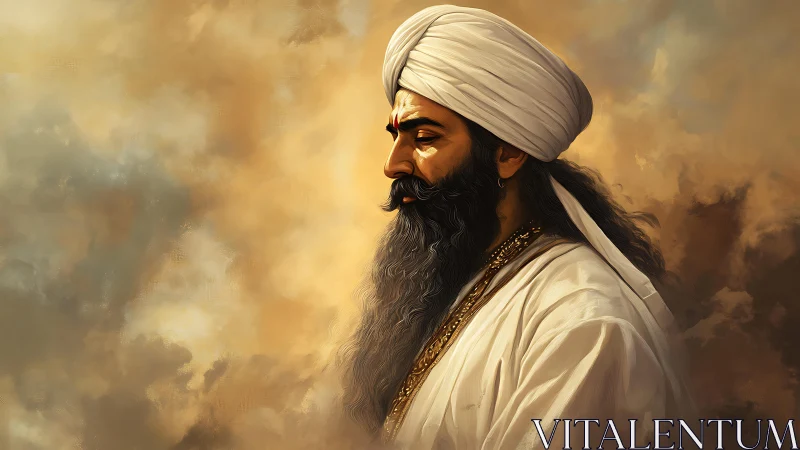 Bearded man in white turban against warm cloudy backdrop.