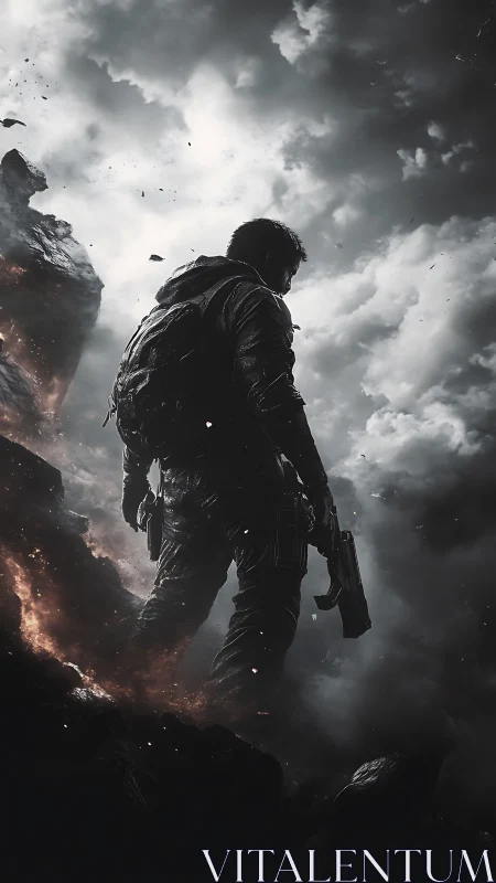 Lone soldier stands amid burning cliff and storm clouds.