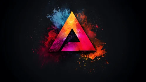 Geometric neon triangle logo with explosive color dispersion.