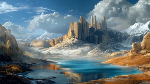 Rock formations surround blue lake beneath dense cloud cover