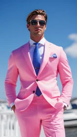 Tailored pink summer suit with mirrored sunglasses at marina