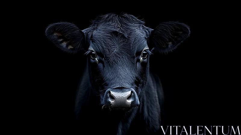 Low key frontal portrait of black calf with glossy wet muzzle