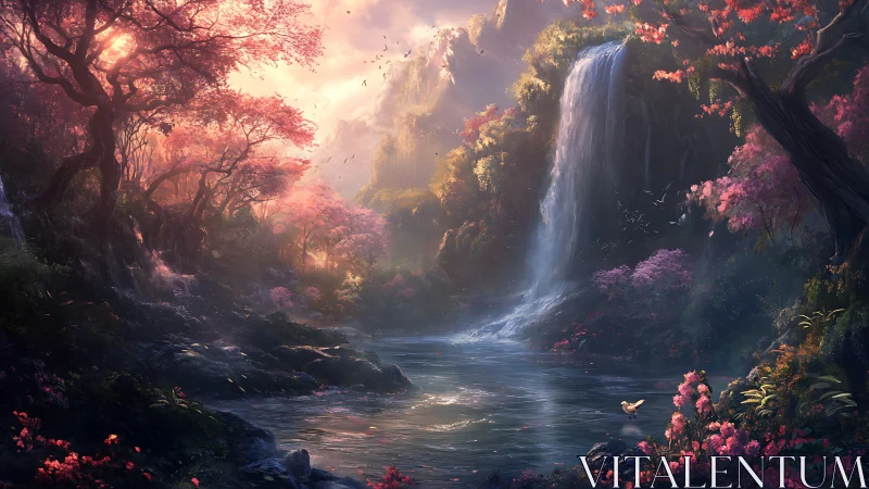 Waterfall flows through pink forest into reflective river