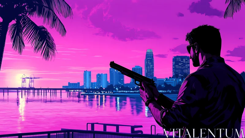 Neon lit shoreline skyline observed by armed silhouetted figure