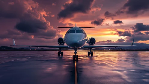Photorealistic private jet on wet runway at cinematic sunset.