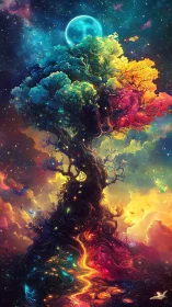 Cosmic rainbow world tree ascending through luminous nebulae.