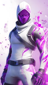 Mask hooded cyber ninja stands in violet energy aura