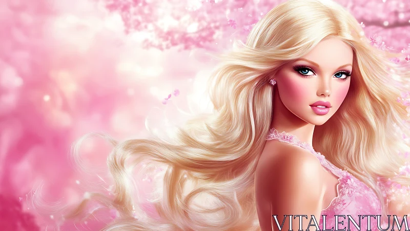 Soft pink dream girl gazes gently through flowing golden hair