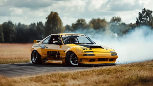 Yellow drift missile carving smoky arcs across autumn asphalt.