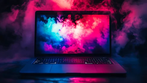 Neon storm escapes the laptop screen and floods the dark room