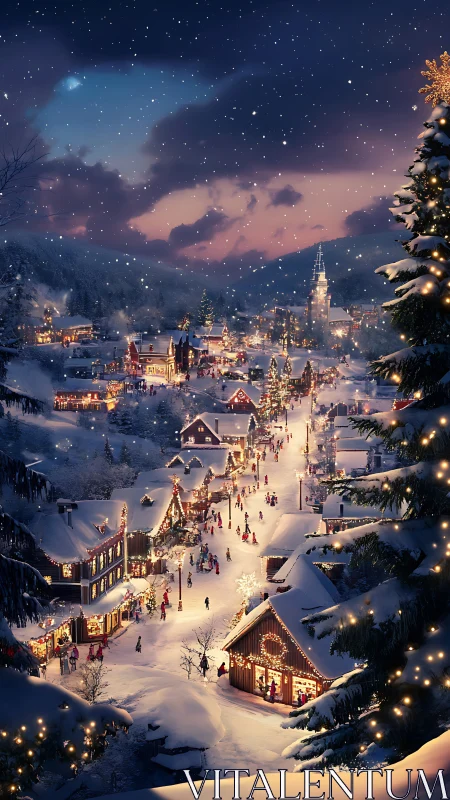 Snow covered village street with illuminated winter market.