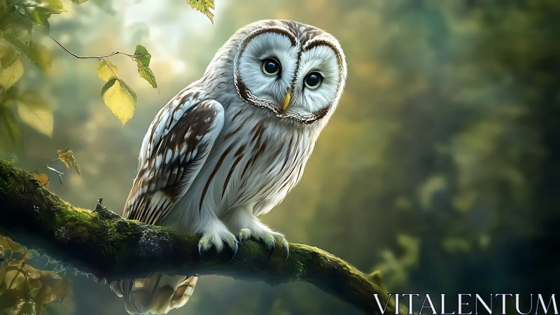 Realistic owl perched on mossy branch in dreamy forest scene.