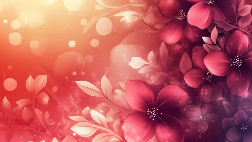 Red Pink Flowers Digital Background with Bokeh Effects