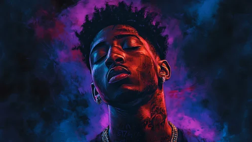 Moody neon portrait breathes quiet strength in deep color