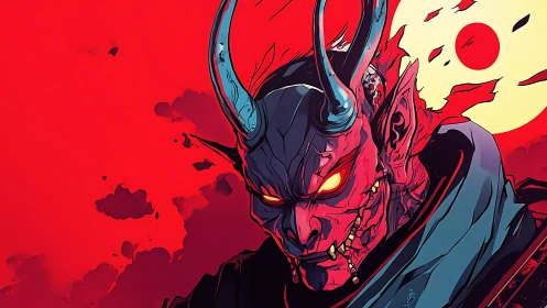 Demonic warrior glares against a blood-red burning sky