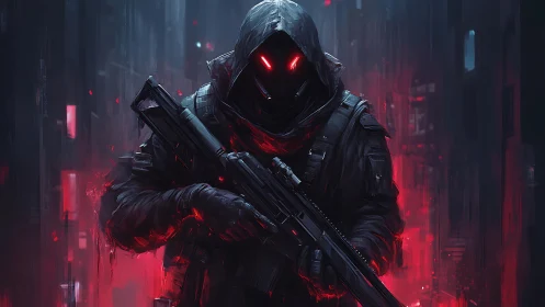 Hooded cybernetic soldier grips rifle in neon red alley