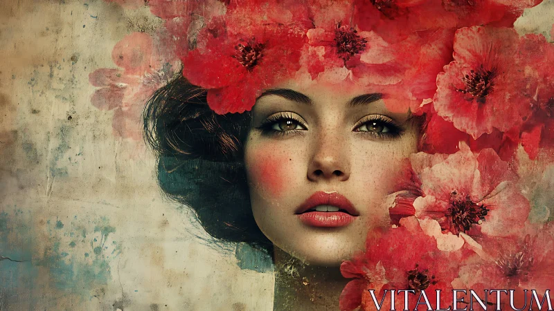 Dreamy floral portrait wrapped in soft crimson petals.