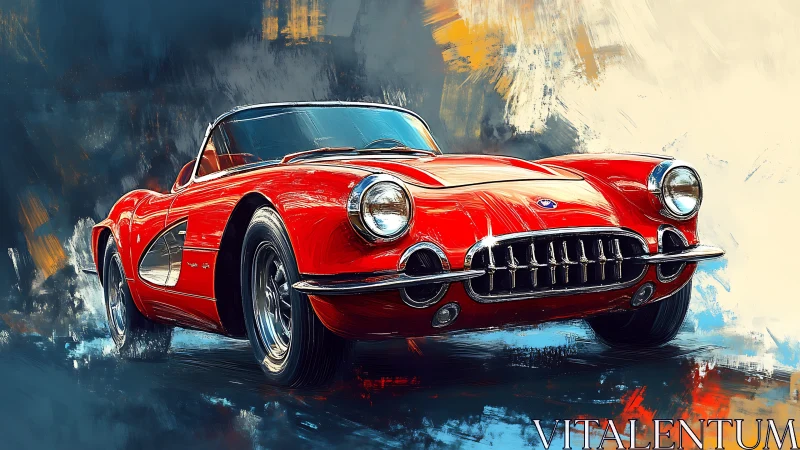 Scarlet roadster rockets through painterly vortex of color.