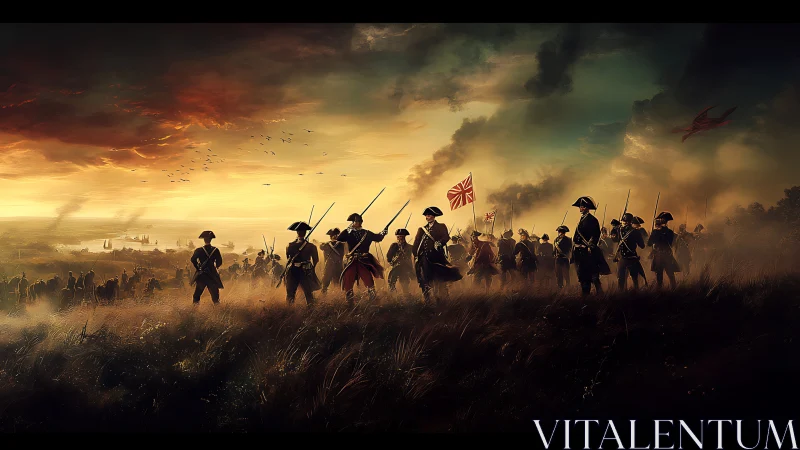Eighteenth‑century infantry advance under dramatic sunset sky