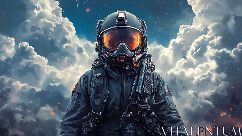 Armored jet pilot stands poised amid storm-lit clouds.